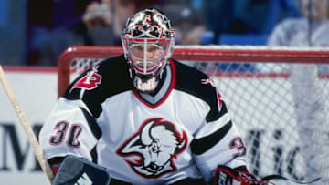 9 Mar 1999: Dwayne Roloson #30 of the Buffalo Sabres in action during the game against the Edmonton Oilers at the Marine Midland Arena in Buffalo, New York. The Oilers defeated the Sabres 5-3. Mandatory Credit: Rick Stewart /Allsport