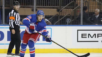 NEW YORK, NEW YORK - SEPTEMBER 19: Brett Howden #48 of the New York Rangers skates against the Philadelphia Flyers at Madison Square Garden on September 19, 2018 in New York City. The Flyers defeated the Rangers 6-4. (Photo by Bruce Bennett/Getty Images)