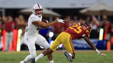 LOS ANGELES, CA - SEPTEMBER 09: Jack Jones #25 of the USC Trojans is unable to tackle JJ Arcega-Whiteside #19 of the Stanford Cardinal during the second quarter at Los Angeles Memorial Coliseum on September 9, 2017 in Los Angeles, California. (Photo by Sean M. Haffey/Getty Images)