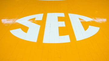 KNOXVILLE, TN - NOVEMBER 30: SEC logo on the court before a game between the Central Arkansas Sugar Bears and Tennessee Lady Volunteers on November 30, 2017, at Thompson-Boling Arena in Knoxville, TN. Tennessee defeated the Sugar Bears 77-34. (Photo by Bryan Lynn/Icon Sportswire via Getty Images)
