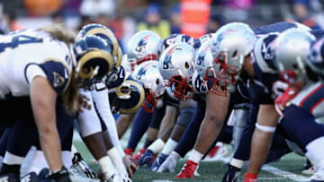 FOXBORO, MA - DECEMBER 04: The Los Angeles Rams prepare to snap the ball against the New England Patriots during their game at Gillette Stadium on December 4, 2016 in Foxboro, Massachusetts. (Photo by Maddie Meyer/Getty Images)