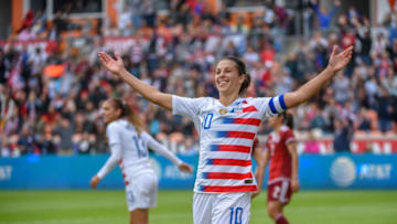 HOUSTON, TX - APRIL 08: U.S. Women's Soccer midfielder Carli Lloyd (10) celebrates her 100th international goal during the soccer match between the USA and Mexico Women's National Teams on April 8, 2018 at BBVA Stadium in Houston, Texas. (Photo by Ken Murray/Icon Sportswire via Getty Images)