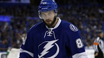 May 24, 2016; Tampa, FL, USA; Tampa Bay Lightning right wing Nikita Kucherov (86) looks on against the Pittsburgh Penguins during the third period of game six of the Eastern Conference Final of the 2016 Stanley Cup Playoffs at Amalie Arena. Mandatory Credit: Kim Klement-USA TODAY Sports