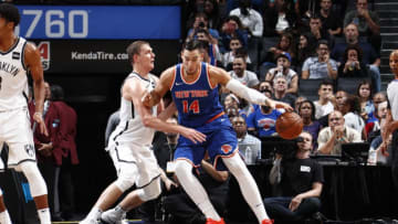 BROOKLYN, NY - OCTOBER 8: Willy Hernangomez #14 of the New York Knicks handles the ball against the Brooklyn Nets during a preseason game on October 8, 2017 at Barclays Center in Brooklyn, New York. Copyright 2017 NBAE (Photo by Nathaniel S. Butler/NBAE via Getty Images)