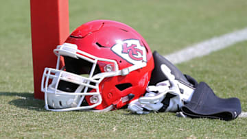 ST. JOSEPH, MO - AUGUST 05: A general view of a Kansas City Chiefs helmet during training camp on August 5, 2018 at Missouri Western State University in St. Joseph, MO. (Photo by Scott Winters/Icon Sportswire via Getty Images)