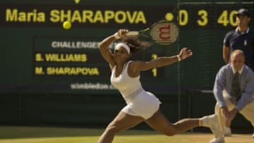 Jul 9, 2015; London, United Kingdom; Serena Williams (USA) in action during her match against Maria Sharapova (RUS) on day ten of The Championships Wimbledon at the AELTC. Mandatory Credit: Susan Mullane-USA TODAY Sports