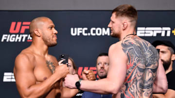 LAS VEGAS, NEVADA - JUNE 25: In this UFC handout, (L-R) Opponents Ciryl Gane of France and Alexander Volkov of Russia face off during the UFC weigh-in at UFC APEX on June 25, 2021 in Las Vegas, Nevada. (Photo by Chris Unger/Zuffa LLC/Getty Images)
