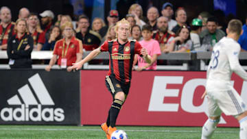 ATLANTA, GA MARCH 17: Atlanta's Andrew Carleton (30) moves the ball up the field during the match between Vancouver and Atlanta United on March 17, 2018 at Mercedes Benz Stadium in Atlanta, GA. Atlanta United FC defeated the Vancouver Whitecaps by a score of 4 - 1. (Photo by Rich von Biberstein/Icon Sportswire via Getty Images)