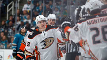SAN JOSE, CA - APRIL 18: Jakob Silfverberg #33 of the Anaheim Ducks high fives teammates during the game against the San Jose Sharks. (Photo by Rocky W. Widner/NHL/Getty Images)