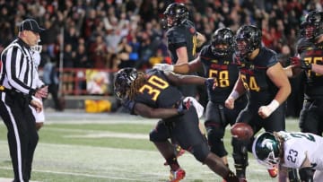 Oct 22, 2016; College Park, MD, USA; Maryland Terrapins running back Kenneth Goins (30) celebrates his fourth quarter touchdown run against the Michigan State Spartans at Byrd Stadium. Mandatory Credit: Mitch Stringer-USA TODAY Sports