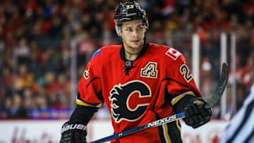 Dec 29, 2016; Calgary, Alberta, CAN; Calgary Flames center Sean Monahan (23) during the face off against the Anaheim Ducks during the third period at Scotiabank Saddledome. Anaheim Ducks won 3-1. Mandatory Credit: Sergei Belski-USA TODAY Sports