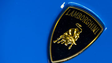 MONTEREY, CA - APRIL 30: The Lamborghini logo emblem is shown on a race car in the paddock at the IMSA WeatherTech Series race at Mazda Raceway Laguna Seca on April 30, 2016 in Monterey, California. (Photo by Brian Cleary/Getty Images)