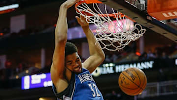 HOUSTON, TX - APRIL 12: Karl-Anthony Towns #32 of the Minnesota Timberwolves dunks against the Houston Rockets during the third quarter at Toyota Center on April 12, 2017 in Houston, Texas. NOTE TO USER: User expressly acknowledges and agrees that, by downloading and/or using this photograph, user is consenting to the terms and conditions of the Getty Images License Agreement. (Photo by Bob Levey/Getty Images)