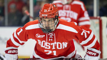 SOUTH BEND, IN - OCTOBER 20: Macklin Celebrini #71 of Boston University prepares for the faceoff during a game between Boston University and University of Notre Dame at Compton Family Ice Arena on October 20, 2023 in South Bend, Indiana. (Photo by Michael Miller/ISI Photos/Getty Images)