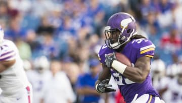 ORCHARD PARK, NY - AUGUST 10: Dalvin Cook #33 of the Minnesota Vikings carries the ball during the first quarter of a preseason game against the Buffalo Bills on August 10, 2017 at New Era Field in Orchard Park, New York. (Photo by Brett Carlsen/Getty Images)