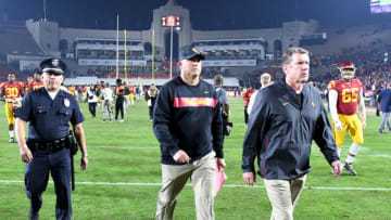 LOS ANGELES, CA- NOVEMBER 10: Head coach Clay Helton of the USC Trojans walks off the field as the California Golden Bears defeated the USC Trojans 15-14 during s NCAA football game at the Los Angeles Memorial Coliseum on Saturday, November 10, 2018 in Los Angeles, California. (Photo by Keith Birmingham/Digital First Media/Pasadena Star-News via Getty Images)
