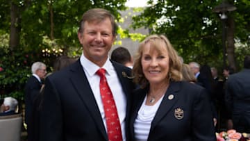 CARMEL-BY-THE-SEA, CA - JUNE 10: Retief Goosen and Jan Stephenson pose for a photo before the World Golf Hall of Fame Induction ceremony on June 10, 2019 in Carmel-By-The-Sea, California. (Photo by Don Feria/Getty Images)