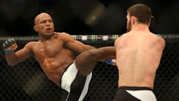 NEWARK, NJ - JANUARY 30: (L-R) Wilson Reis kicks Dustin Ortiz in their flyweight bout during the UFC Fight Night event at the Prudential Center on January 30, 2016 in Newark, New Jersey. (Photo by Ed Mulholland/Zuffa LLC/Zuffa LLC via Getty Images)