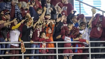 Nov 11, 2016; Tallahassee, FL, USA; Florida State Seminoles fans cheer their team against the Boston College Eagles at Doak Campbell Stadium. Florida State won 45-7. Mandatory Credit: Glenn Beil-USA TODAY Sports