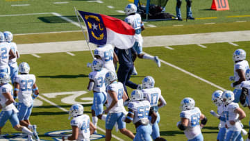 Nov 7, 2020; Durham, North Carolina, USA; North Carolina Tar Heels take the field against the Duke Blue Devils during the first quarter at Wallace Wade Stadium. Mandatory Credit: Jim Dedmon-USA TODAY Sports