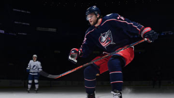 COLUMBUS, OH - FEBRUARY 18: Josh Anderson #77 of the Columbus Blue Jackets skates against the Tampa Bay Lightning on February 18, 2019 at Nationwide Arena in Columbus, Ohio. (Photo by Jamie Sabau/NHLI via Getty Images)