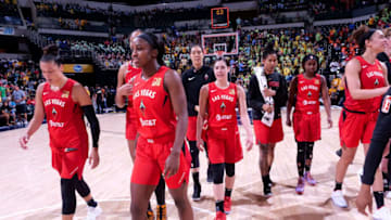 INDIANAPOLIS, IN - JULY 10: The Las Vegas Aces celebrate a victory after the game against the Indiana Fever on July 10, 2019 at the Bankers Life Fieldhouse in Indianapolis, Indiana. NOTE TO USER: User expressly acknowledges and agrees that, by downloading and or using this photograph, User is consenting to the terms and conditions of the Getty Images License Agreement. Mandatory Copyright Notice: Copyright 2019 NBAE (Photo by Ron Hoskins/NBAE via Getty Images)