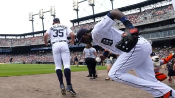 Jun 26, 2016; Detroit, MI, USA; Detroit Tigers starting pitcher Justin Verlander (35) and center fielder Cameron Maybin (4) take the field in the first inning against the Cleveland Indians at Comerica Park. Mandatory Credit: Rick Osentoski-USA TODAY Sports