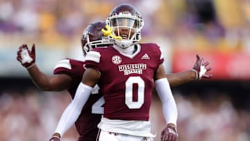 BATON ROUGE, LOUISIANA - SEPTEMBER 17: Rara Thomas #0 of the Mississippi State Bulldogs celebrates a touchdown during the first half of a game against the LSU Tigers at Tiger Stadium on September 17, 2022 in Baton Rouge, Louisiana. (Photo by Jonathan Bachman/Getty Images)