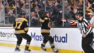 BOSTON, MA - MAY 04: Boston Bruins right wing David Pastrnak (88) cups his hand to his ear, and looks for the crowd to get fired up after the go ahead goal. During Game 5 in the Second round of the Stanley Cup playoffs featuring the Boston Bruins against the Columbus Blue Jackets on May 04, 2019 at TD Garden in Boston, MA. (Photo by Michael Tureski/Icon Sportswire via Getty Images)