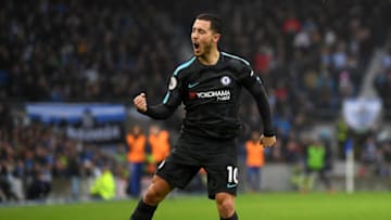 BRIGHTON, ENGLAND - JANUARY 20: Eden Hazard of Chelsea celebrates scoring his second goal, Chelsea's third, during the Premier League match between Brighton and Hove Albion and Chelsea at Amex Stadium on January 20, 2018 in Brighton, England. (Photo by Darren Walsh/Chelsea FC via Getty Images)