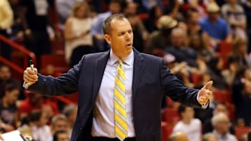 Jan 4, 2016; Miami, FL, USA; Indiana Pacers head coach Frank Vogel reacts during the second half gains the Miami Heat at American Airlines Arena. The Heat won 103-100. Mandatory Credit: Steve Mitchell-USA TODAY Sports