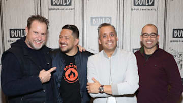 NEW YORK, NEW YORK - FEBRUARY 20:(L - R) Chris Henchy, Sal Vulcano, Joe Gatto, James "Murr" Murray of Impractical Jokers visit Build at Build Studio on February 20, 2020 in New York City. (Photo by Bennett Raglin/Getty Images)