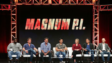 BEVERLY HILLS, CA - AUGUST 05: Actor Stephen Hill, Zachary Knighton, executive producer Peter M. Lenkov, actor Jay Hernandez, actress Perdita Weeks, actor Tim Kang, and executive producer Eric Guggenheim of the television show "Magnum P.I" speak during the CBS segment of the Summer 2018 Summer Television Critics Association Press Tour at Beverly Hilton Hotel on August 5, 2018 in Beverly Hills, California. (Photo by Frederick M. Brown/Getty Images)