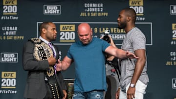 LAS VEGAS, NV - JULY 06: (L-R) UFC lightweight champion Daniel Cormier and Jon Jones face off during the UFC 200: Press Conference in KA Theater at MGM Grand Hotel