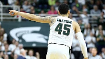 Feb 28, 2016; East Lansing, MI, USA; Michigan State Spartans guard Denzel Valentine (45) gestures to the bench during the first half of a game against the Penn State Nittany Lions at Jack Breslin Student Events Center. Mandatory Credit: Mike Carter-USA TODAY Sports