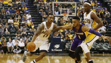 Nov 1, 2016; Indianapolis, IN, USA; Indiana Pacers guard Jeff Teague (44) drives to the basket against Los Angeles Lakers guard D'Angelo Russell (1) at Bankers Life Fieldhouse. Indiana defeats the Los Angeles Lakers 115-108. Mandatory Credit: Brian Spurlock-USA TODAY Sports