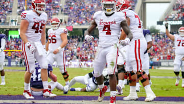 FORT WORTH, TX - OCTOBER 20: Oklahoma Sooners running back Trey Sermon (4) celebrates his touchdown during the game between the Oklahoma Sooners and TCU Horned Frogs on October 20, 2018 at Amon G. Carter Stadium in Fort Worth, TX. (Photo by Andrew Dieb/Icon Sportswire via Getty Images)