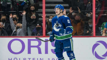 Nov 7, 2021; Vancouver, British Columbia, CAN; Vancouver Canucks forward Vasily Podkolzin (92) celebrates his goal against the Dallas Stars in the second period at Rogers Arena. Mandatory Credit: Bob Frid-USA TODAY Sports