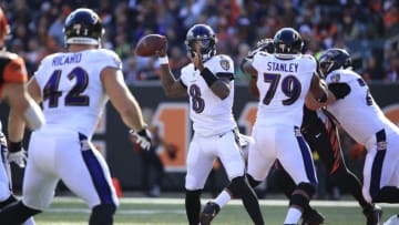 CINCINNATI, OHIO - NOVEMBER 10: Lamar Jackson #8 of the Baltimore Ravens passes the ball during the game against the Cincinnati Bengals at Paul Brown Stadium on November 10, 2019 in Cincinnati, Ohio. (Photo by Andy Lyons/Getty Images)