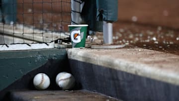 WASHINGTON, DC - JUNE 26: Baseballs sit in the Chicago Cubs dugout during their game against the Washington Nationals at Nationals Park on June 26, 2017 in Washington, DC. (Photo by Rob Carr/Getty Images)