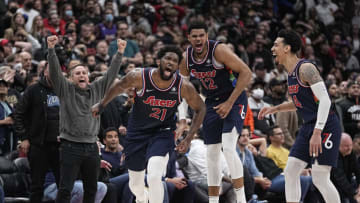 Joel Embiid, Tobias Harris, Danny Green, Sixers Mandatory Credit: John E. Sokolowski-USA TODAY Sports