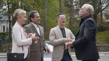 MR. MONK'S LAST CASE: A MONK MOVIE -- Pictured: (l-r) Traylor Howard as Natalie Teeger, Tony Shalhoub as Adrian Monk, Jason Gray-Stanford as Randy Disher, Ted Levine as Leland Stottlemeyer -- (Photo by: Steve Wilkie/PEACOCK)
