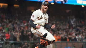 SAN FRANCISCO, CA - SEPTEMBER 25: Hunter Pence #8 of the San Francisco Giants reacts after he scored against the San Diego Padres in the bottom of the seventh inning at AT&T Park on September 25, 2018 in San Francisco, California. (Photo by Thearon W. Henderson/Getty Images)