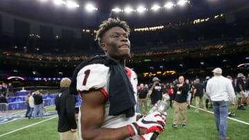 Jan 1, 2020; New Orleans, Louisiana, USA; Georgia Bulldogs wide receiver George Pickens (1) walks off the field with the MVP trophy at the end of the Sugar Bowl against the Baylor Bears at the Mercedes-Benz Superdome. Mandatory Credit: Chuck Cook-USA TODAY Sports