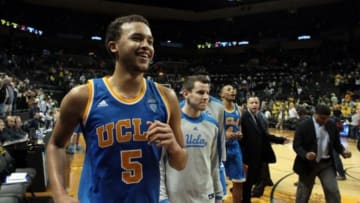 Jan 30, 2014; Eugene, OR, USA; UCLA Bruins guard/forward Kyle Anderson (5) leaving the court with a win 70-68 against the Oregon Ducks at Matthew Knight Arena. Mandatory Credit: Scott Olmos-USA TODAY Sports