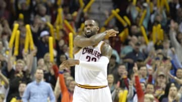 Mar 20, 2015; Cleveland, OH, USA; Cleveland Cavaliers forward LeBron James (23) reacts after a 95-92 win over the Indiana Pacers at Quicken Loans Arena. Mandatory Credit: David Richard-USA TODAY Sports