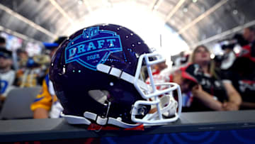 LAS VEGAS, NEVADA - APRIL 30: A football helmet is displayed featuring the 2022 NFL Draft on April 30, 2022 in Las Vegas, Nevada. (Photo by David Becker/Getty Images)