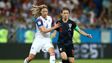 ROSTOV-ON-DON, RUSSIA - JUNE 26: Birkir Bjarnason of Iceland battles for possession with Luka Modric of Croatia during the 2018 FIFA World Cup Russia group D match between Iceland and Croatia at Rostov Arena on June 26, 2018 in Rostov-on-Don, Russia. (Photo by Jan Kruger/Getty Images)