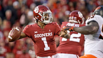 NORMAN, OK - NOVEMBER 10: Quarterback Kyler Murray #1 of the Oklahoma Sooners looks to throw against the Oklahoma State Cowboys at Gaylord Family Oklahoma Memorial Stadium on November 10, 2018 in Norman, Oklahoma. Oklahoma defeated Oklahoma State 48-47. (Photo by Brett Deering/Getty Images)