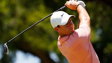 FORT WORTH, TEXAS - JUNE 14: Rory McIlroy of Northern Ireland plays his shot from the seventh tee during the final round of the Charles Schwab Challenge on June 14, 2020 at Colonial Country Club in Fort Worth, Texas. (Photo by Ronald Martinez/Getty Images)